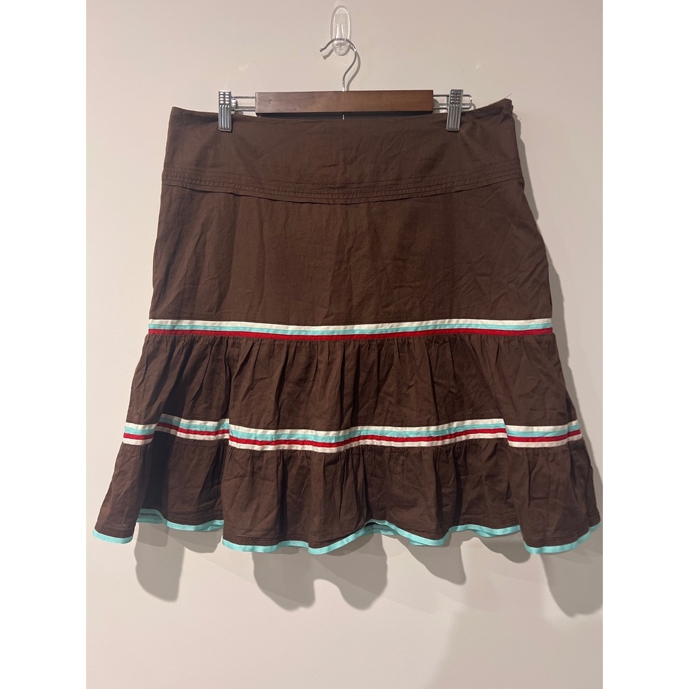 American Eagle Y2K Women's Brown Tiered Mini Skirt Ribbon Trim  Boho Size 12
